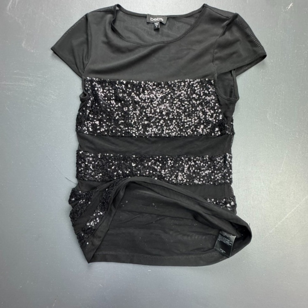 Bebe Sequin Tunic Top Women's Small Black Sheer Party Clubwear Glitter Sparkle - Picture 3 of 7
